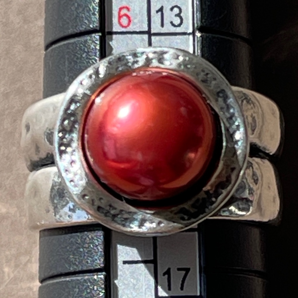 Vintage Red faux pearl sterling silver thick band ring size 7